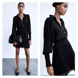 Zara Medium Black Collared Elastic Smocked Waist Long‎ Sleeve Dotted Mini Dress